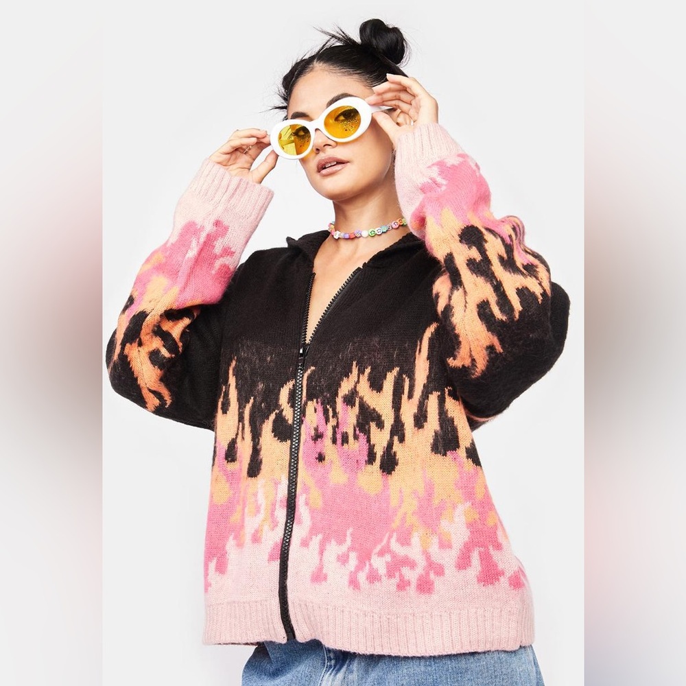 The Ragged Priest Black Pink Orange Flame Zip Front Hooded Sweater Small